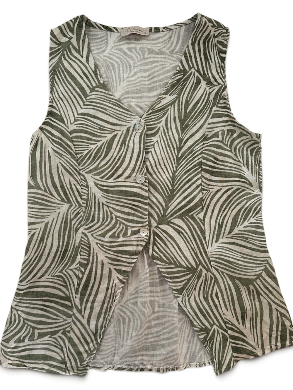 Bellambra Linen Blend Green Leaf Print Sleeveless Button Front Top